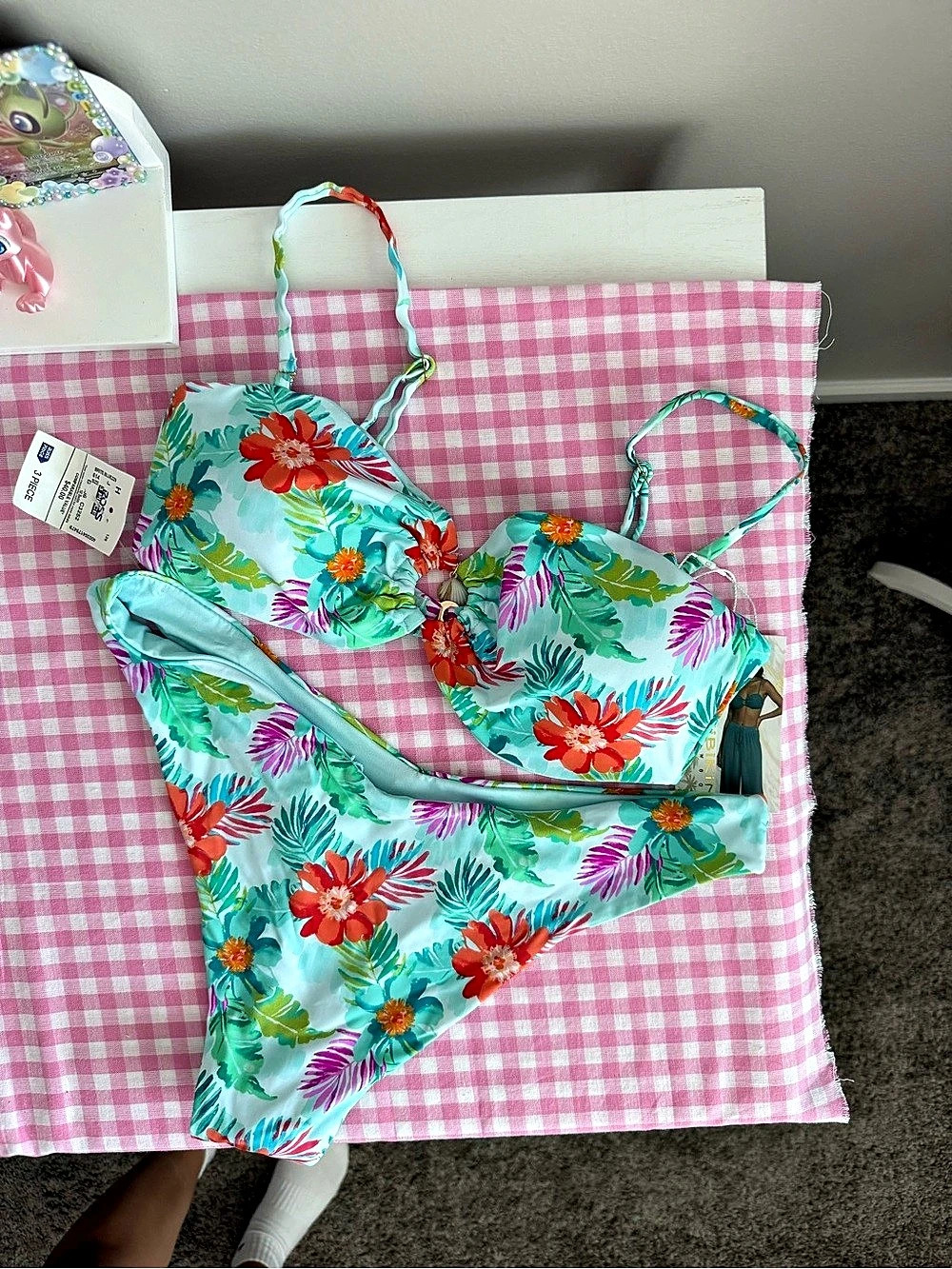 Tini Bikini Floral Bikini Set in Blue & Pink Size Large Like New